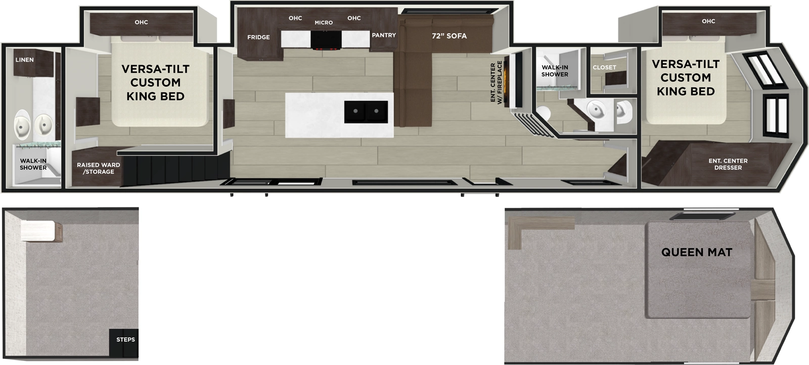 The Salem Villa 40ZZZ floorplan has two entries and three slide outs. Exterior features include: metal exterior and 19' awning. Interiors features include: loft, front bedroom, two bedrooms, rear bathroom and two full bathrooms.